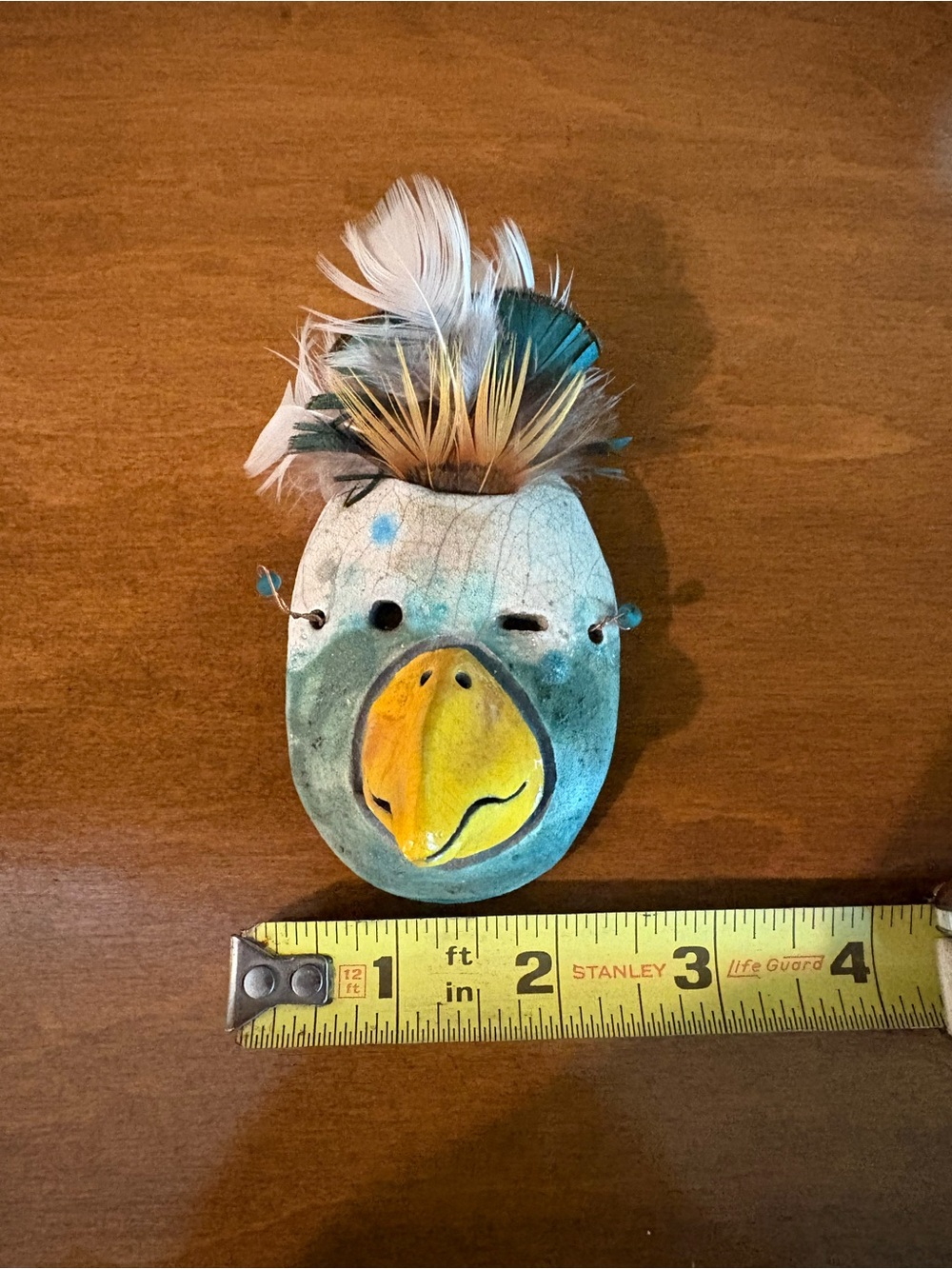 Handmade Feathered Bird Mask Art Turquoise Yellow Wall Decor